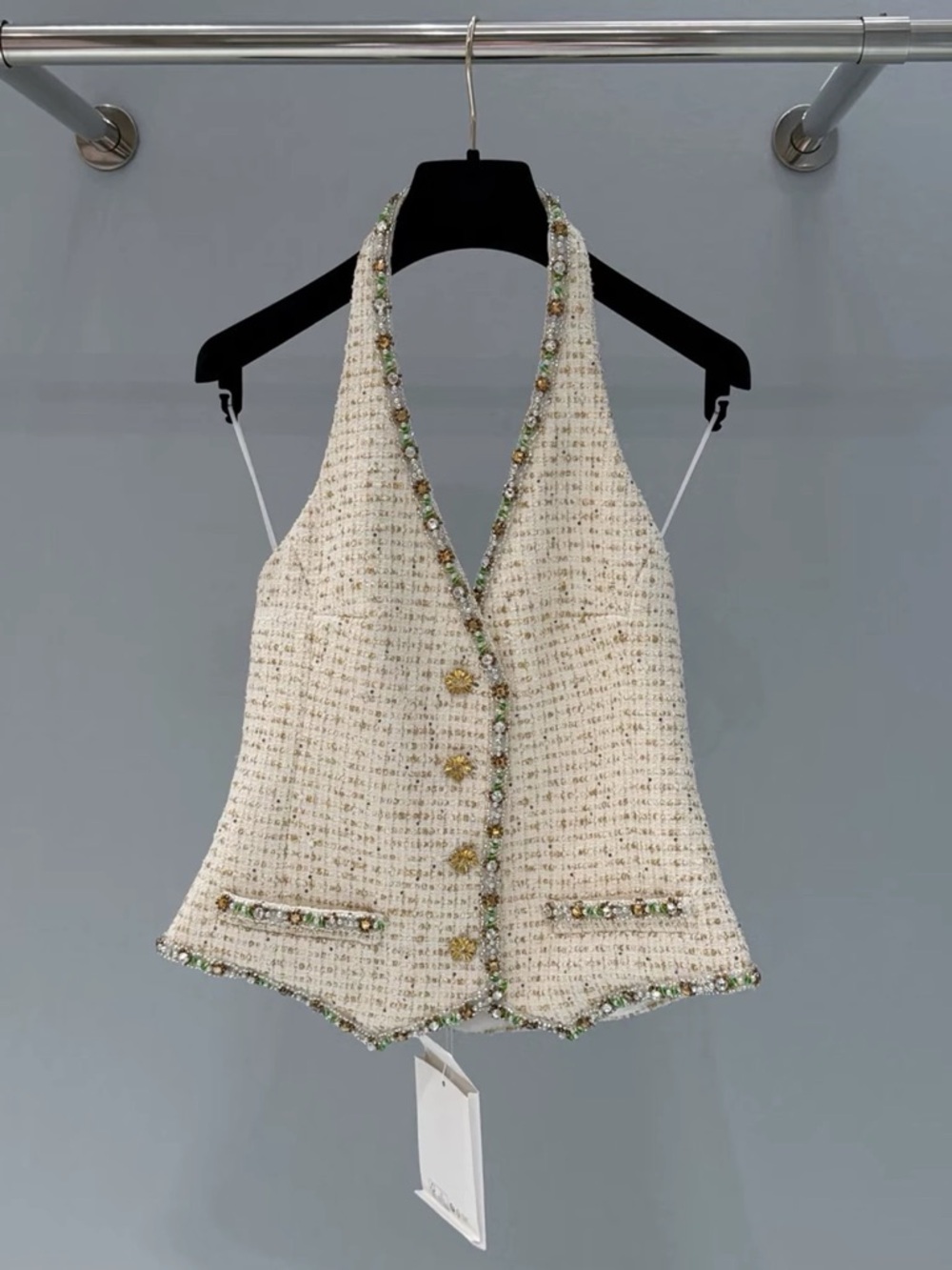 Designer Luxury Beaded Tweed V-Neck Vest in Cream and Gold - Picture 8 of 9